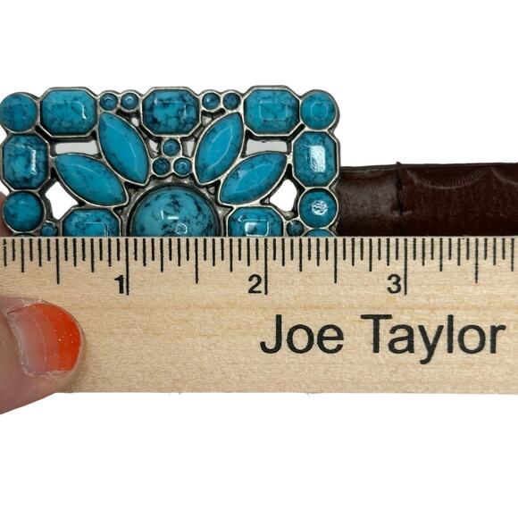 Faux Turquoise Belt buckle with Brown Tooled Leather Belt - Picture 8 of 8